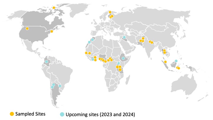 A map with yellow dots showcasing sample sites around the world, with upcoming sites for 2023 and 2024