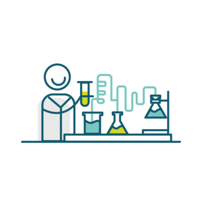 An illustration of a scientist with various lab equipment