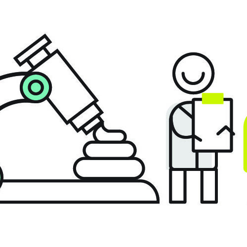 Cartoon illustration of a large microscope on the left and a physician and patient on the right.