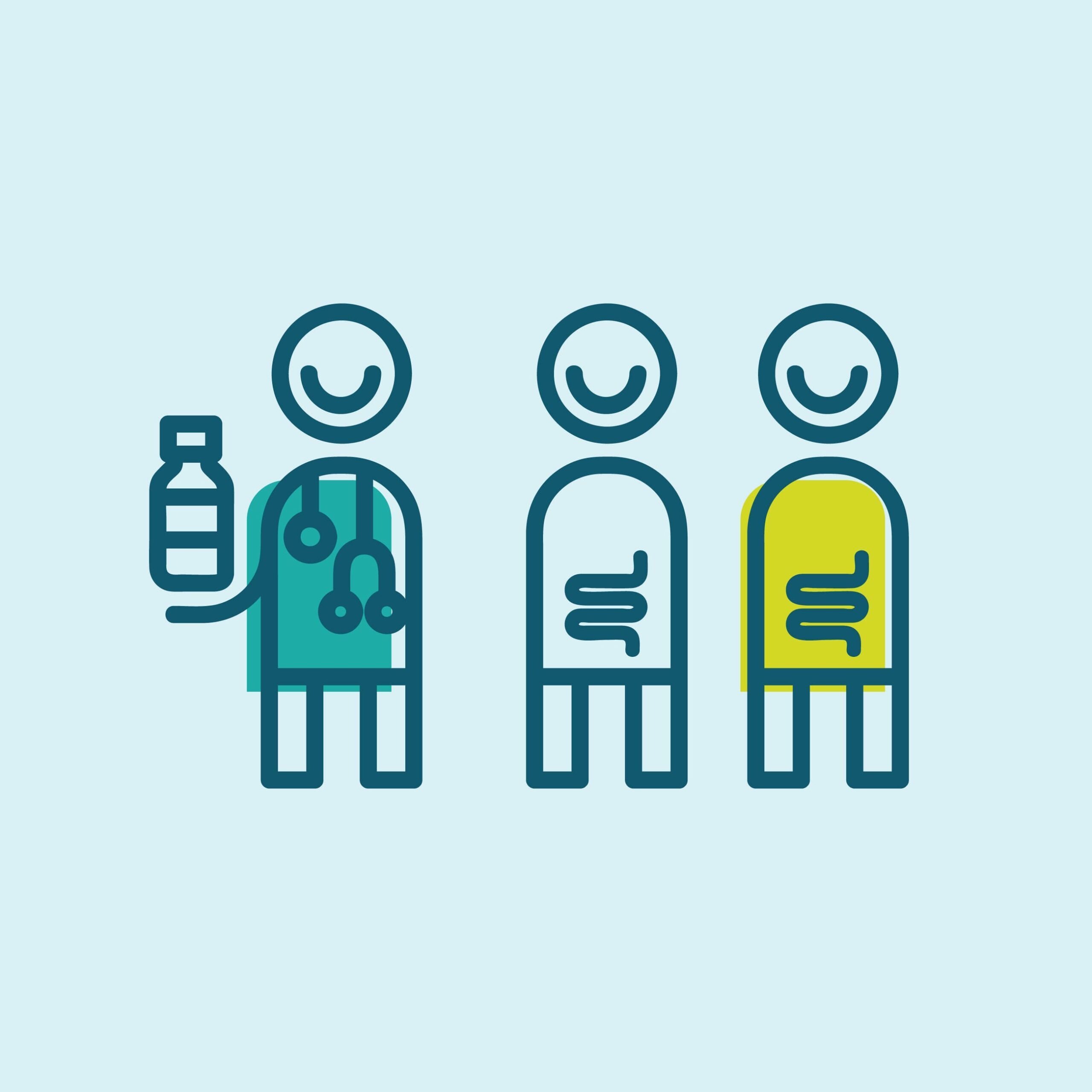 Icon: A group of three people with small guts and a doctor holding a stool sample